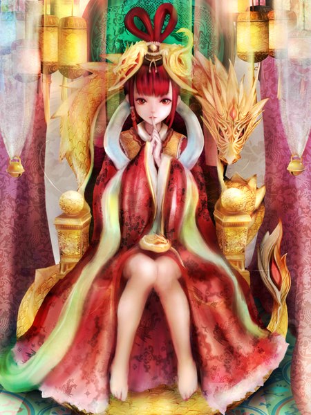 Anime picture 2400x3200 with original zhang xiao bo single long hair tall image looking at viewer highres red eyes sitting red hair barefoot bare legs finger to mouth girl dress hair ornament dragon shawl