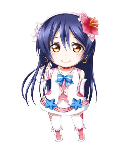 Anime picture 1114x1258 with love live! school idol project sunrise (studio) love live! sonoda umi kuena single long hair tall image looking at viewer blush simple background smile white background brown eyes blue hair hair flower chibi girl dress flower (flowers)