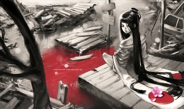 Anime picture 1100x655 with lehuss single black hair wide image signed very long hair japanese clothes looking back black eyes monochrome ruins girl hair ornament flower (flowers) plant (plants) tree (trees) water kimono blood open kimono