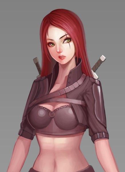 Anime picture 1004x1382 with league of legends katarina (league of legends) freeinni tall image breasts simple background green eyes looking away red hair lips grey background midriff scar navel weapon belt