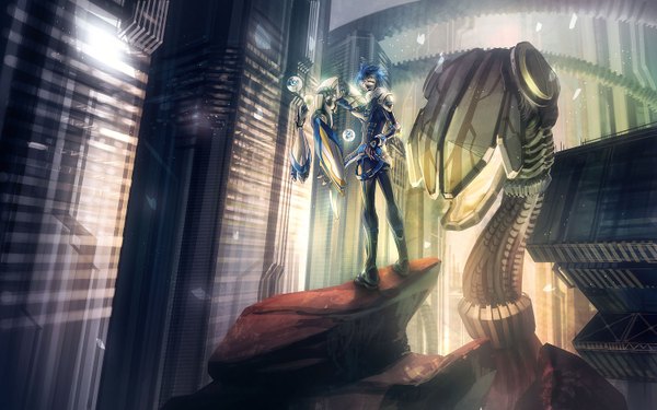 Anime picture 1500x938 with noki (affabile) wide image blue hair looking back city face paint science fiction building (buildings) mask mecha
