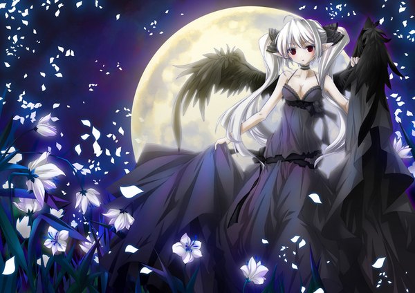 Anime picture 1000x707 with original lilithbloody single long hair looking at viewer red eyes twintails bare shoulders white hair pointy ears night night sky girl dress flower (flowers) bow hair bow petals wings moon