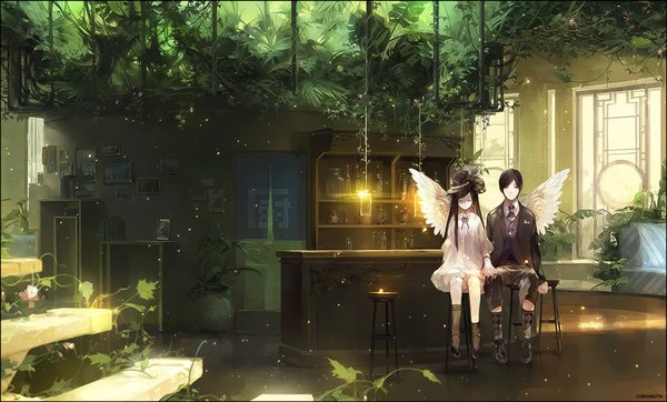 Anime picture 1024x618 with original nineo chrisnoth-penigas long hair looking at viewer fringe short hair brown hair wide image sitting green eyes signed bent knee (knees) indoors eyes closed couple watermark holding hands floor white wings