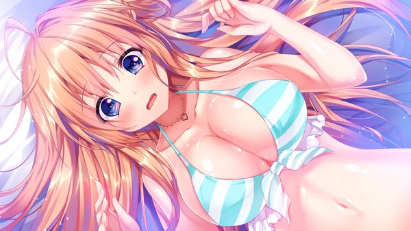 Anime picture 1280x720 with shirogane x spirits! giga shinonome setsuna kino (kino konomi) single long hair blush fringe breasts open mouth blue eyes light erotic wide image large breasts game cg ahoge lying front-tie top girl swimsuit