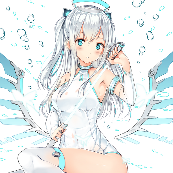 Anime picture 1000x1000 with original orihi chihiro single long hair looking at viewer blush fringe light erotic simple background hair between eyes white background twintails bare shoulders holding silver hair upper body bent knee (knees) parted lips aqua eyes mechanical wings