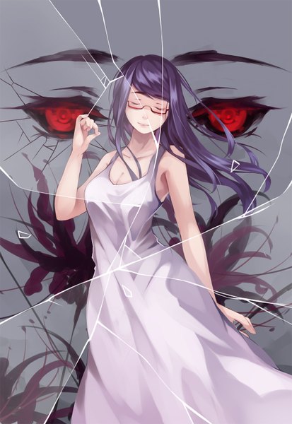 Anime picture 1016x1476 with tokyo ghoul studio pierrot kamishiro rize zhe pangxie single long hair tall image fringe breasts red eyes standing cleavage purple hair eyes closed lips grey background against glass broken girl dress