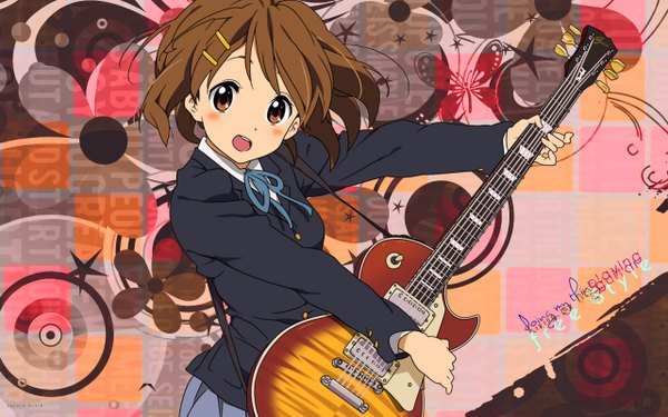 Anime picture 1280x800 with k-on! kyoto animation hirasawa yui single looking at viewer blush fringe short hair open mouth wide image brown eyes inscription girl uniform hair ornament flower (flowers) school uniform hairclip insect butterfly