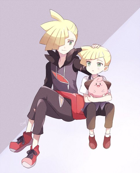 Anime picture 800x991 with pokemon pokemon sm nintendo gladio (pokemon) cleffa mei (maysroom) tall image fringe short hair simple background blonde hair sitting green eyes signed full body hair over one eye grey background multiple boys :o crossed legs