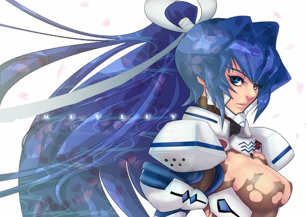 Anime picture 1000x707 with muv-luv mitsurugi meiya ban! (bansankan) single looking at viewer breasts blue eyes light erotic simple background white background blue hair ponytail very long hair torn clothes girl petals hairband
