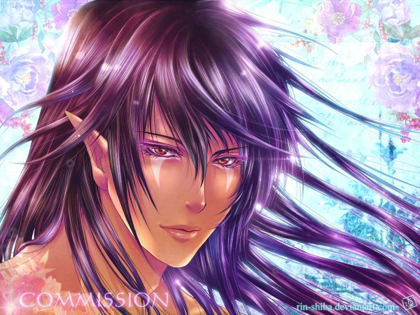 Anime picture 1200x900 with rin-shiba single long hair signed purple hair pink eyes wind pointy ears inscription dark skin boy flower (flowers)