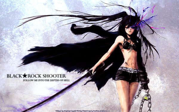 Anime picture 1920x1200 with black rock shooter insane black rock shooter huke single long hair highres wide image twintails blue hair pink eyes open clothes open jacket text scar girl gloves sword jacket belt short shorts