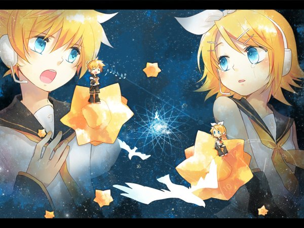 Anime picture 1600x1200 with vocaloid kagamine rin kagamine len renta (deja-vu) short hair open mouth blue eyes blonde hair sitting eyes closed tears letterboxed chibi crying twins singing brother and sister girl boy hair ornament