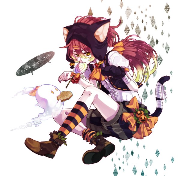 Anime picture 2150x2100 with original yamako (state of children) single long hair highres animal ears yellow eyes red hair animal tail multicolored hair cat ears cat tail ghost girl shorts boots bandage (bandages) neckerchief lollipop vegetables
