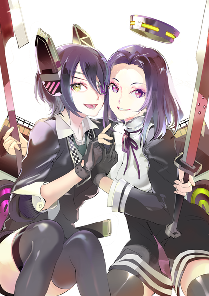 Anime picture 850x1202 with kantai collection tenryuu light cruiser tatsuta light cruiser 119 long hair tall image looking at viewer short hair open mouth simple background smile white background sitting purple eyes multiple girls holding yellow eyes purple hair hug open collar