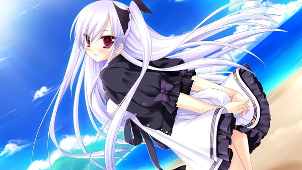 Anime picture 1920x1080 with hyper highspeed genius akechi hikari miyasu risa long hair blush highres red eyes wide image game cg white hair beach one side up girl dress