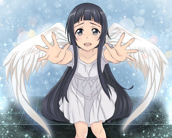 Anime picture 1261x1009 with sword art online a-1 pictures yui (sao) sumomo (tyc78503012) single looking at viewer fringe open mouth grey hair grey eyes angel wings white wings girl dress wings