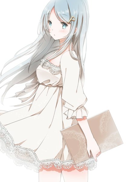 Anime picture 1158x1637 with original hiro (hirohiro31) single long hair tall image looking at viewer blush fringe blue eyes simple background standing white background holding blue hair shadow girl dress hair ornament ribbon (ribbons) white dress