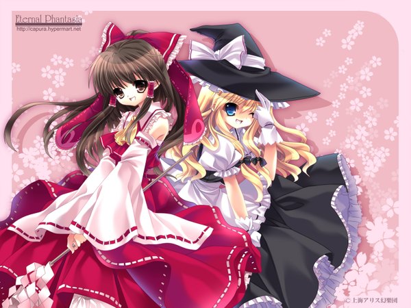 Anime picture 1600x1200 with touhou hakurei reimu kirisame marisa capura lin long hair blonde hair brown hair multiple girls wallpaper miko witch girl dress gloves 2 girls detached sleeves black dress witch hat hair tubes