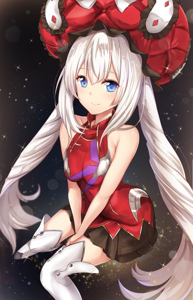 Anime picture 1093x1698 with fate (series) fate/grand order marie antoinette (fate/grand order) untue single long hair tall image looking at viewer fringe breasts blue eyes smile hair between eyes sitting twintails bare shoulders payot silver hair from above sparkle