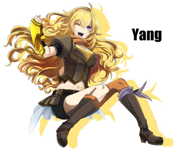 Anime picture 805x700 with rwby rooster teeth yang xiao long mate@juken single long hair looking at viewer fringe breasts open mouth blonde hair smile hair between eyes sitting purple eyes ahoge bent knee (knees) :d one eye closed arm up