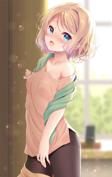 Anime picture 717x1125 with original esia mariveninne komone ushio single tall image looking at viewer fringe short hair breasts open mouth blue eyes light erotic blonde hair hair between eyes standing off shoulder sweat lens flare backlighting skirt pull