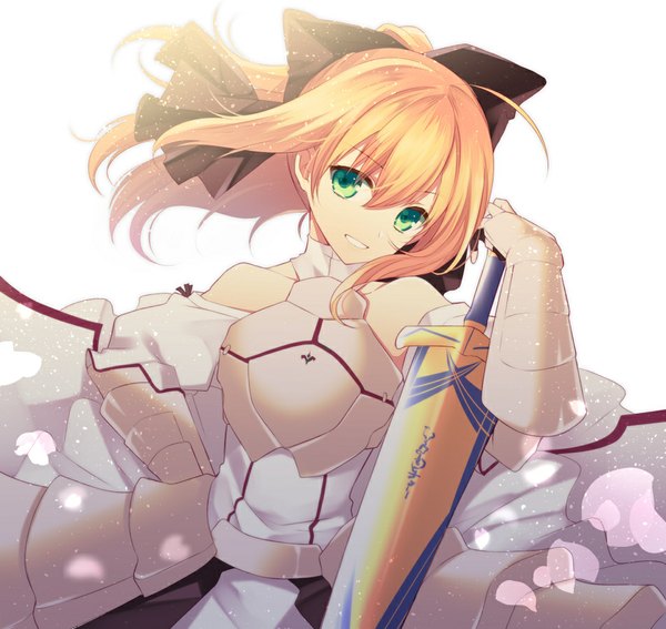 Anime picture 953x902 with fate (series) fate/unlimited codes type-moon artoria pendragon (all) saber lily agekichi (heart shape) single long hair looking at viewer fringe simple background blonde hair smile white background bare shoulders holding green eyes ahoge ponytail clenched teeth