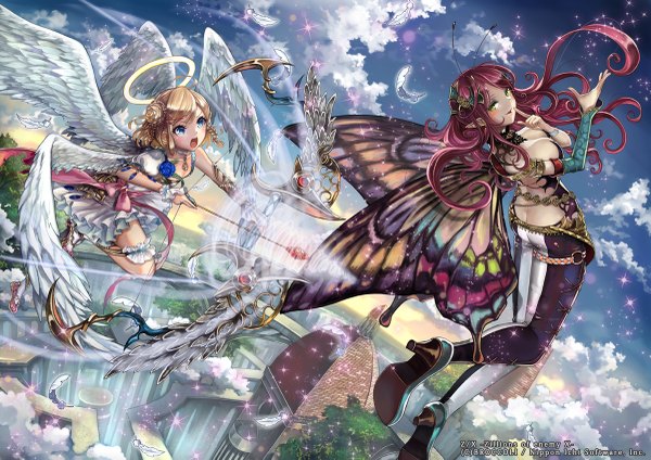Anime picture 1200x849 with z/x: ignition pisuke long hair blush short hair breasts open mouth blue eyes blonde hair multiple girls green eyes sky purple hair cloud (clouds) insect wings butterfly wings girl dress hair ornament weapon