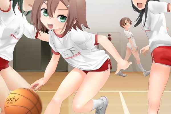 Anime picture 1200x800 with original yuki18r long hair looking at viewer blush short hair open mouth light erotic black hair brown hair multiple girls green eyes looking back group clothes writing otoko no ko dark hair basketball girl boy