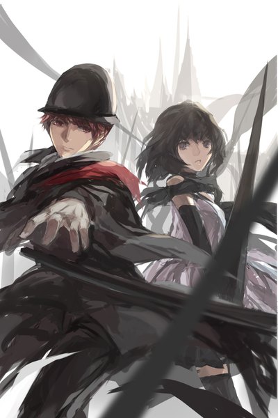 Anime picture 1511x2267 with original pixiv fantasia pixiv fantasia fallen kings paradise (character) swd3e2 tall image looking at viewer short hair black hair brown hair brown eyes couple girl thighhighs dress boy black thighhighs hat