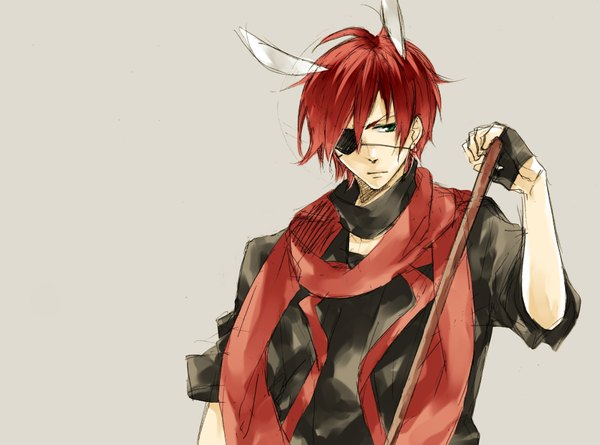 Anime picture 1783x1325 with d.gray-man lavi tagme (artist) single highres short hair simple background green eyes red hair grey background bunny ears bunny boy boy gloves weapon earrings scarf eyepatch hammer