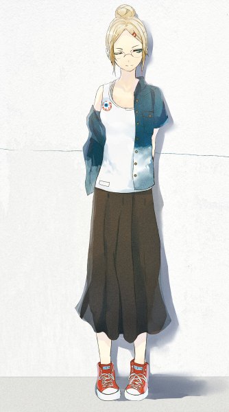 Anime picture 668x1200 with original converse djyui single tall image short hair blue eyes simple background white background looking away one eye closed light smile wink open clothes shadow hair bun (hair buns) open shirt girl skirt gloves