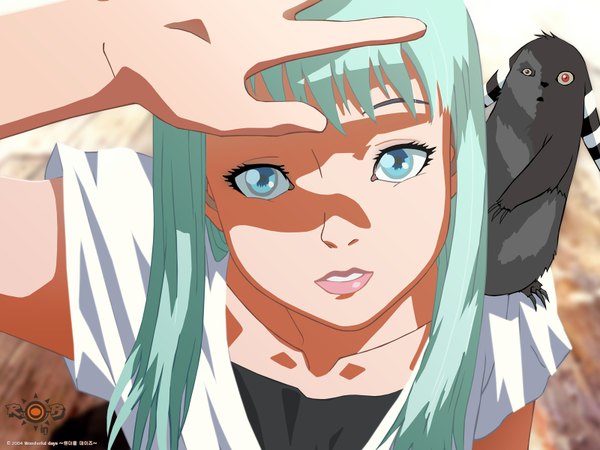 Anime picture 1600x1200 with wonderful days aqua eyes aqua hair blind girl animal