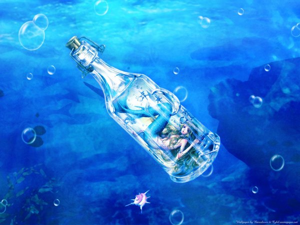 Anime picture 1600x1200 with tukiji nao (green glass) long hair green hair inscription hair over breasts in bottle girl water sea bubble (bubbles) bottle mermaid starfish ocean