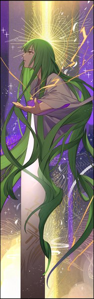 Anime picture 759x2400 with fate (series) fate/grand order fate/strange fake enkidu (fate) tayuya1130 single tall image open mouth yellow eyes very long hair profile green hair magic glow art nouveau boy feather (feathers)