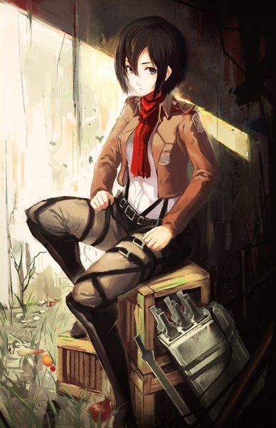 Anime picture 906x1400 with shingeki no kyojin production i.g mikasa ackerman single tall image fringe short hair black hair sitting brown eyes shadow girl uniform weapon plant (plants) boots scarf military uniform suspenders red scarf