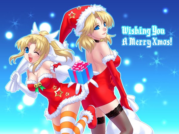 Anime picture 1600x1200 with to heart miyauchi lemmy zen (kamuro) long hair short hair open mouth blue eyes light erotic blonde hair smile multiple girls ponytail one eye closed wink inscription wallpaper christmas blue background dual persona merry christmas