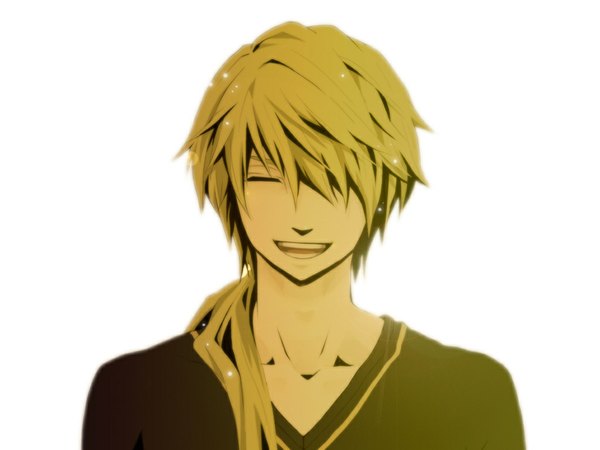 Anime picture 1024x768 with vocaloid kagamine len centrist 8 long hair fringe open mouth simple background blonde hair white background ponytail eyes closed hair over one eye teeth side ponytail happy close-up boy