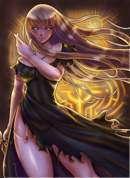 Anime picture 874x1200 with claymore madhouse galatea boken fantasy single long hair tall image breasts light erotic blonde hair standing bare shoulders torn clothes scar nun blind girl thighhighs dress gloves