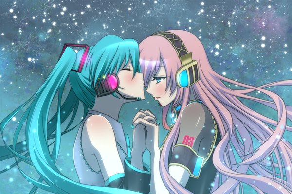 Anime picture 1000x666 with vocaloid hatsune miku megurine luka yunca long hair blush blue eyes twintails multiple girls pink hair eyes closed aqua hair shoujo ai almost kiss girl 2 girls detached sleeves headphones