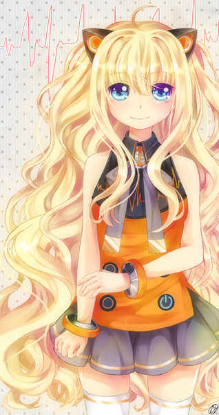 Anime picture 1200x2258 with vocaloid seeu yenkoes single long hair tall image blue eyes blonde hair smile bare shoulders animal ears cat ears girl thighhighs skirt miniskirt white thighhighs bracelet