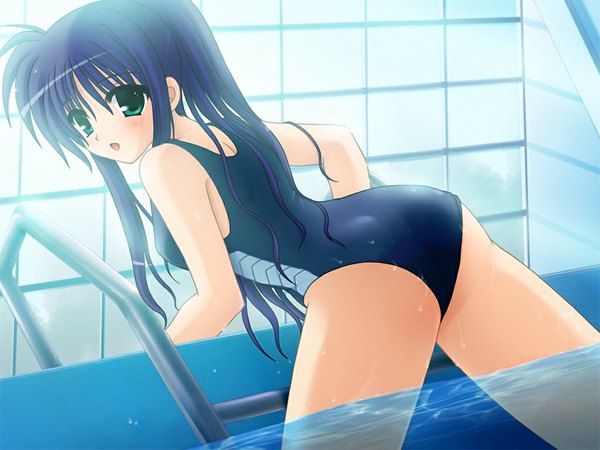 Anime picture 1024x768 with sakura machizaka stories (game) long hair light erotic green eyes game cg purple hair girl swimsuit one-piece swimsuit school swimsuit