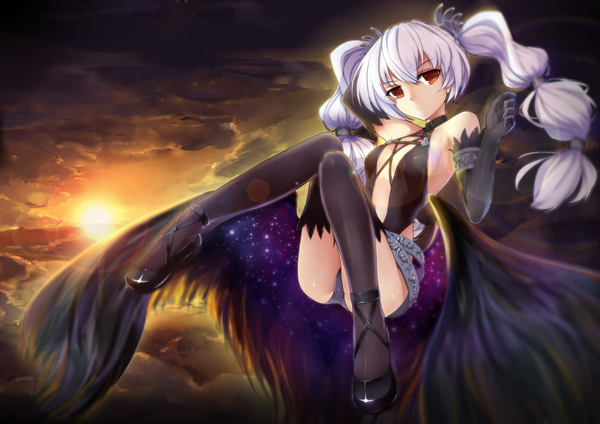 Anime picture 3507x2480 with mrblackcat single long hair looking at viewer highres light erotic red eyes twintails absurdres white hair evening sunset girl thighhighs gloves underwear panties black thighhighs wings black gloves