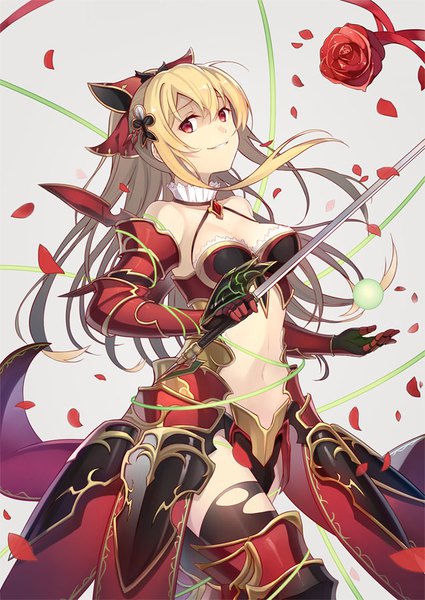 Anime picture 637x900 with granblue fantasy vira lilie kinoshita neko single long hair tall image light erotic blonde hair simple background red eyes bare shoulders cleavage ponytail girl navel flower (flowers) detached sleeves petals armor rose (roses)