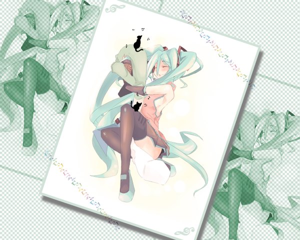 Anime picture 1280x1024 with vocaloid hatsune miku girl thighhighs cat leek