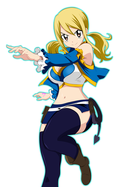Anime picture 2999x4649 with fairy tail lucy heartfilia eddmos single long hair tall image highres blonde hair smile twintails brown eyes midriff tattoo coloring transparent background girl thighhighs skirt navel black thighhighs