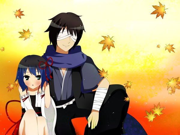 Anime picture 1200x900 with utau ryone yami saru to yami blush short hair open mouth black hair green eyes blue hair traditional clothes girl boy detached sleeves scarf leaf (leaves)