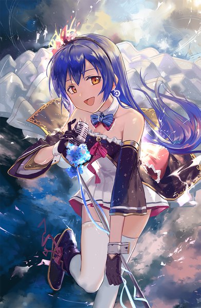 Anime picture 847x1300 with love live! school idol project sunrise (studio) love live! sonoda umi huanxiang heitu single long hair tall image looking at viewer blush open mouth smile bare shoulders holding blue hair sky cloud (clouds) bent knee (knees) :d orange eyes