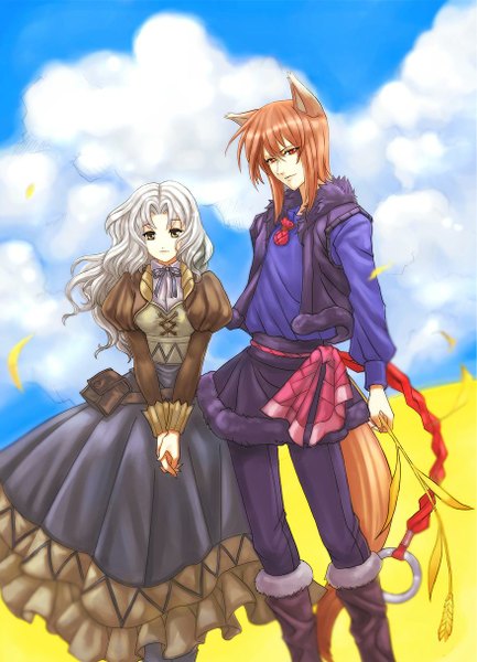 Anime picture 877x1214 with spice and wolf horo craft lawrence long hair tall image looking at viewer red eyes brown hair standing animal ears yellow eyes sky cloud (clouds) tail animal tail light smile wind grey hair orange hair couple