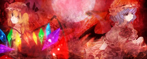 Anime picture 1500x600 with touhou flandre scarlet remilia scarlet ainili (artist) short hair blonde hair smile red eyes wide image multiple girls blue hair bat wings red moon girl 2 girls wings cap