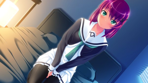 Anime picture 1280x720 with kikouyoku senki gin no toki no corona single blush short hair wide image sitting green eyes game cg red hair between legs girl skirt uniform hair ornament school uniform miniskirt bed